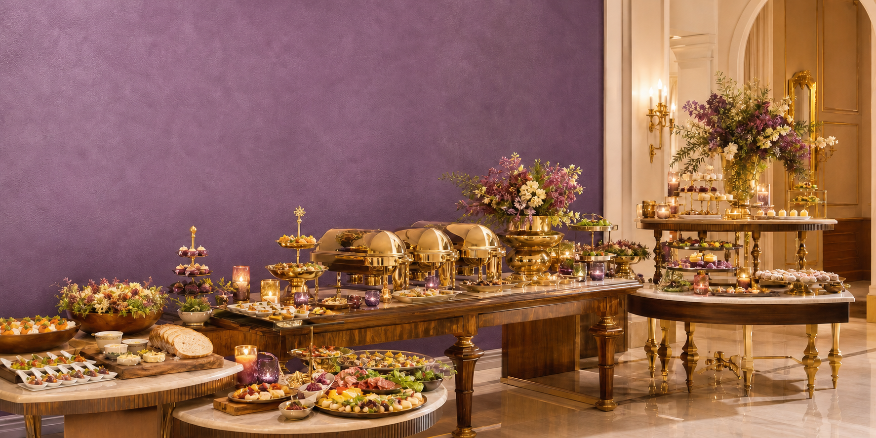 An elegant luxury buffet display arranged across several tables