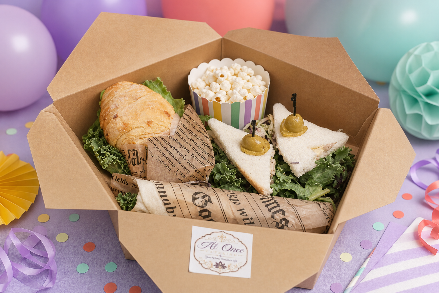 Kids birthday lunch box with mini sandwiches, croissant and popcorn