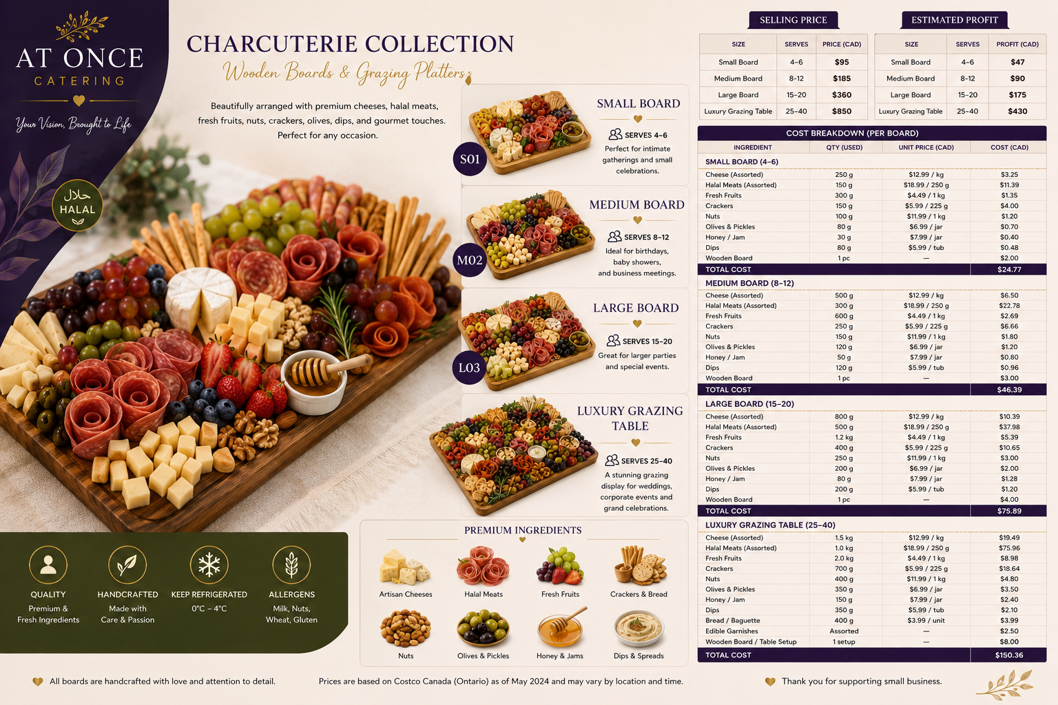 Premium halal charcuterie boards with cheese, fruit, crackers and meat
