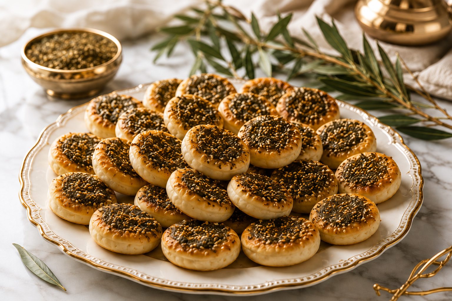Golden mini zaatar pies with sesame seeds