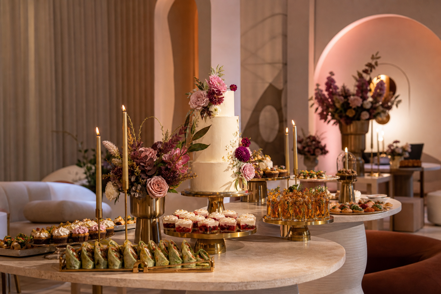 Modern birthday buffet with cake, finger foods and warm contemporary styling
