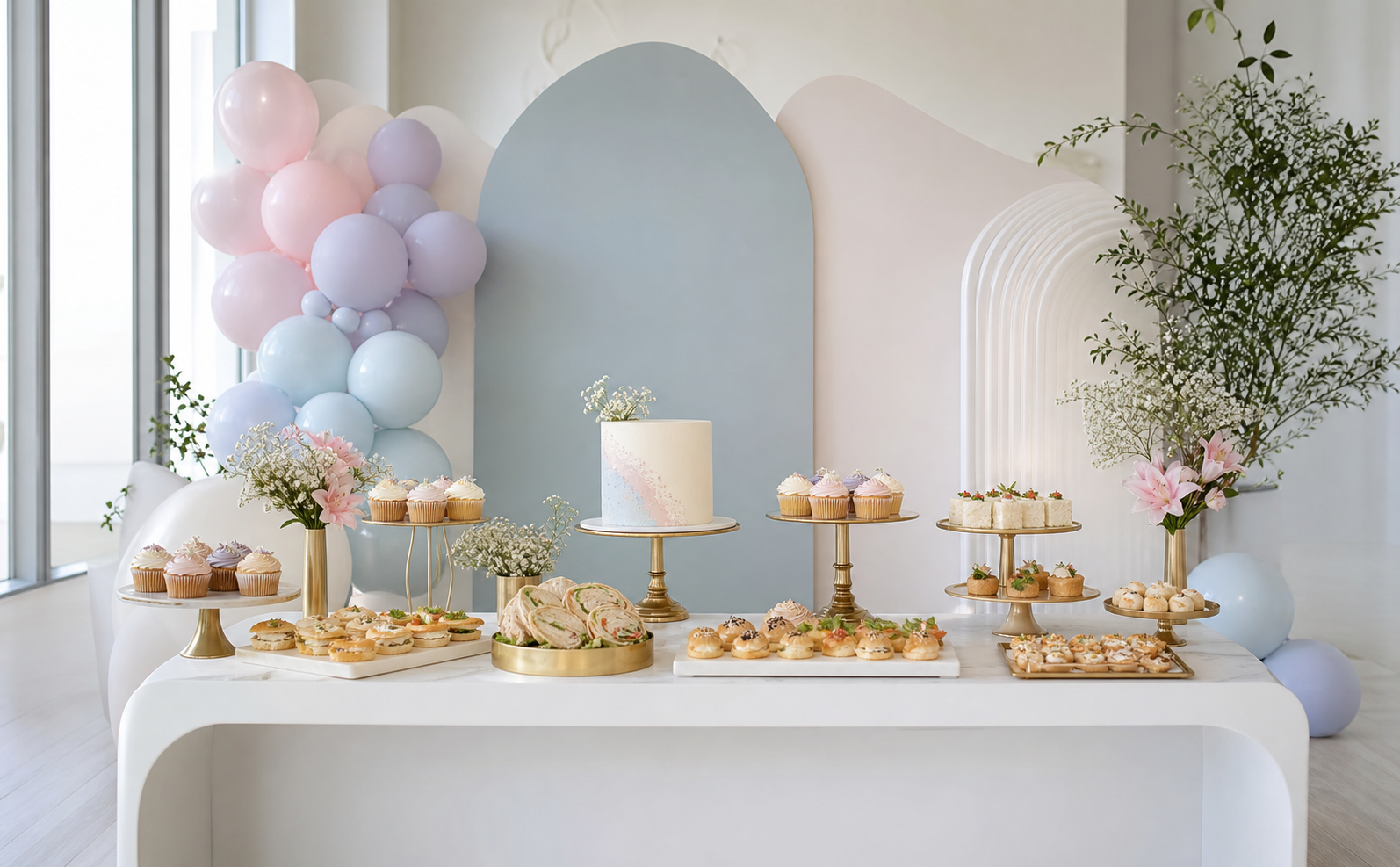 Soft modern gender reveal catering table