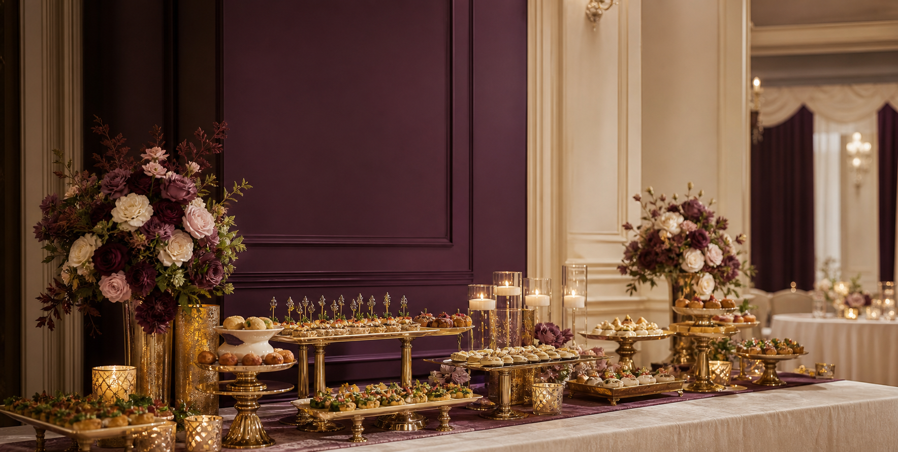 Luxury wedding buffet with plum flowers and gold serving pieces